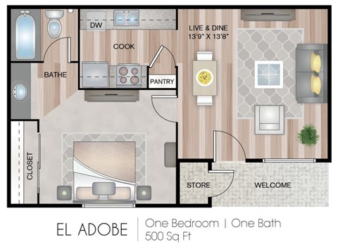 A floor plan of a one bedroom, one bathroom apartment.